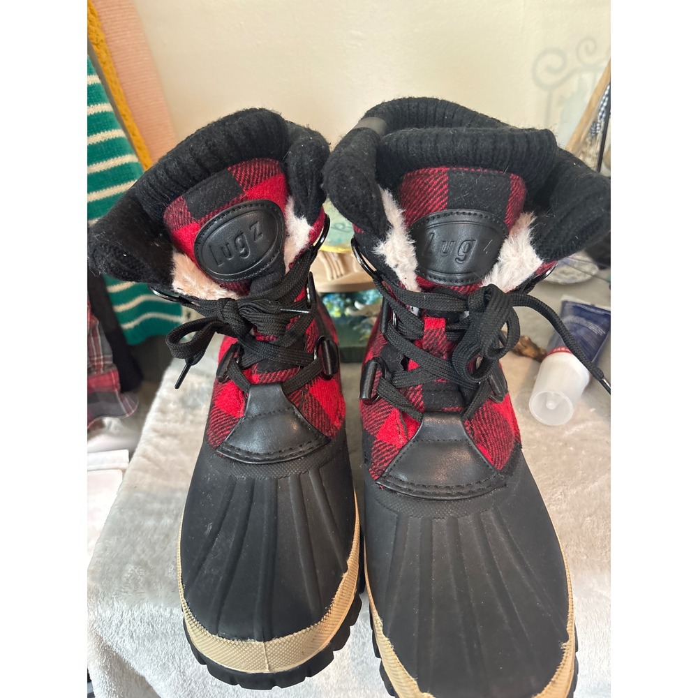Lugz Storm Duck Boots Womens 7.5 Red Black Buffalo Plaid Faux Fur Winter Good
